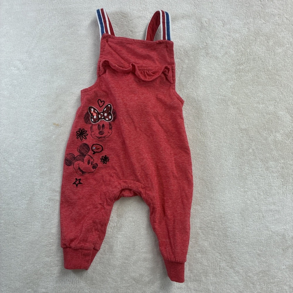 Disney Baby Girls Red Minnie & Mickey Mouse Ruffle Overalls Romper Jumpsuit 6-9M